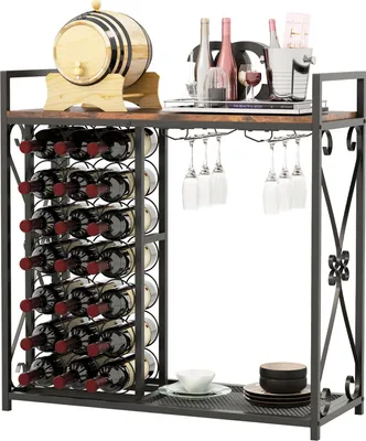 Produktbild von Freistehendes Weinregal, Kaffeebartisch aus Holz mit Weinregal, Glashaltern & stabilem Metallrahmen, industrieller/moderner Spirituosenständer, Braun