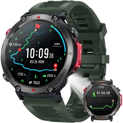 Produktbild von Smartwatch Herren GPS Armbanduhr Uhr Kompass Taschenlampe Blutdruck Wasserdicht Herzfrequenz Telefonfunktion Schlafmonitor Grün