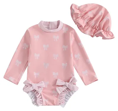 Imagen del producto de Traje de baño para bebé, niña, de manga larga, color rosa con lazo, para edades de 6 a 12 meses, ideal para nadar