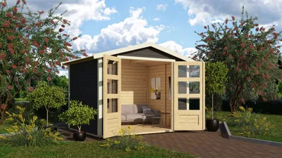 Produktbild von Karibu Gartenhaus "Asaba 2" SET terragrau mit Boden, Schindeln schwarz