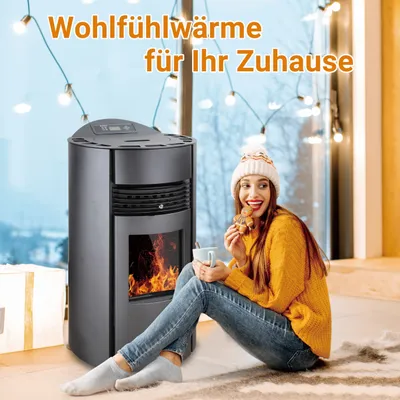 A woman sits on the floor next to a pellet stove, holding a mug and a cookie, with string lights in the background.