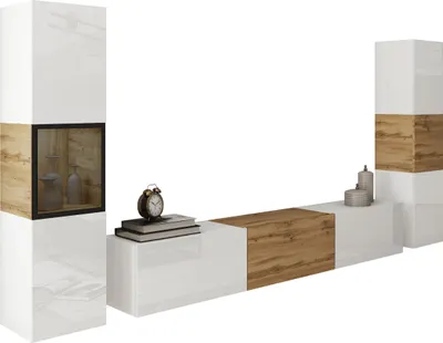 Produktbild von MIRJAN24 Wohnwand Berlin III, Stilvoll Wohnzimmer-Set, TV-Schrank, Modern Mediawand (Weiß / Weiß Hochglanz + Wotan Eiche, ohne Beleuchtung)