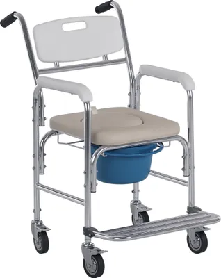 Image de HOMCOM Chaise percée à roulettes - fauteuil roulant percé - chaise de douche - seau amovible, accoudoirs, repose-pied - acier chromé HDPE blanc