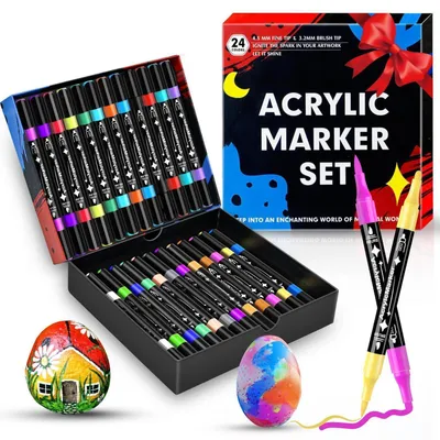 Produktbild von Acrylstifte Set 24 Farben Wasserfest Dual Tip 0,5-5 mm für Steine Holz Glas Keramik DIY