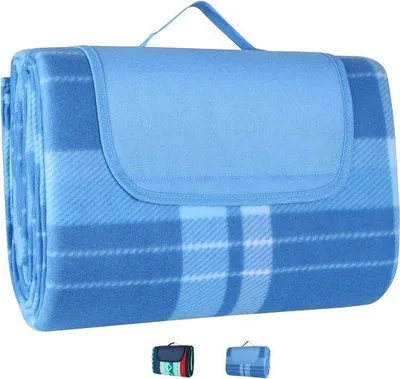 Obrázek produktu pro Famanu piknikovací deka, 200 x 300 cm - voděodolná, s madlem pro přenášení, modrá, kostkovaná
