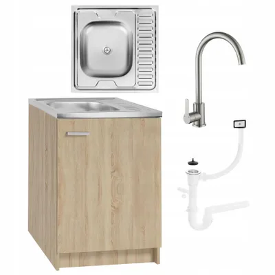 Obrázek produktu pro Stamar | Kuchyňská skříňka, kuchyňská skříňka s dřezem, 60 cm, s chromovanou baterií s vysokým tlakem a sifonem, Imitace dub Sonoma