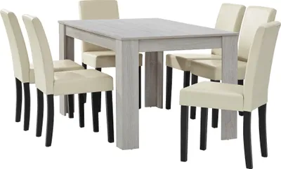 Image de [en.casa] Table de salle à manger en chêne blanc avec 6 chaises en similicuir crème rembourrées 140x90 Groupe de salle à manger