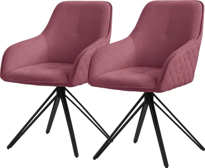 Two pink chairs with black legs on a white background.
