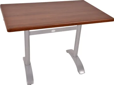 A product shot of a bistrot table with a brown tabletop and silver legs, isolated on a white background.
