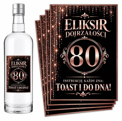 Produktbild von Flaschenetiketten – zum 80. Geburtstag – „Eliksir Dojrzałości” – Rosa – #156 – 8 Stück