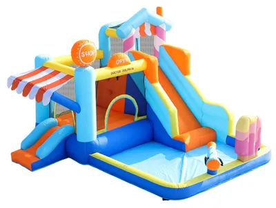 Produktbild von Zimilo Kinder Hüpfburg mit Gebläse, Wasserpark mit Doppelrutsche, Trampolin, Wasserpistolen, Springbrunnen & Kletterwand, für drinnen und draußen