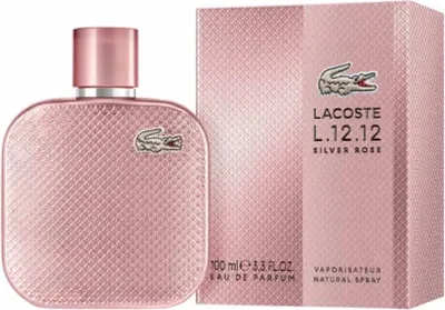 A bottle of Lacoste L.12.12 Silver Rose Eau De Parfum and its packaging.