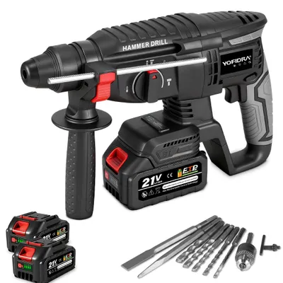 Image de Marteau perforateur sans fil, Marteau perforateur SDS-plus sans balais Avec 2x batteries et chargeur, 4 en 1 fonctions, poignée anti-vibrations pour béton, maçonnerie