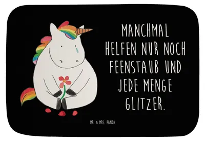 Produktbild von Mr. & Mrs. Panda Badezimmerteppich Einhorn Traurig - Schwarz - Geschenk, Einhörner, Badvorleger, badezimmermatte, Liebe, Blume, Freunde, Badematte, Unicorn, Trauer