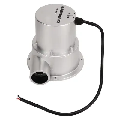 A silver DC hydro generator with a black cable and exposed wires is shown against a white background.