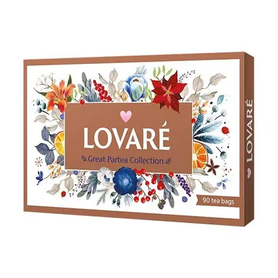 A box of LOVARÉ tea with floral and fruit decorations.
