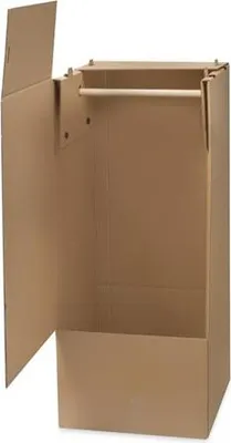 A cardboard wardrobe box with a hanging rod, shown with its front flap open.