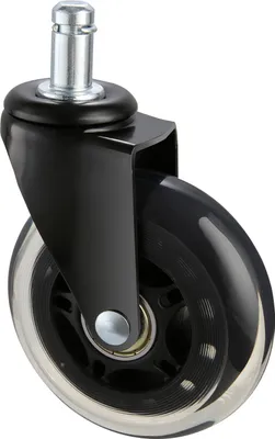 A single black office chair caster wheel with a clear polyurethane outer rim, shown against a white background.
