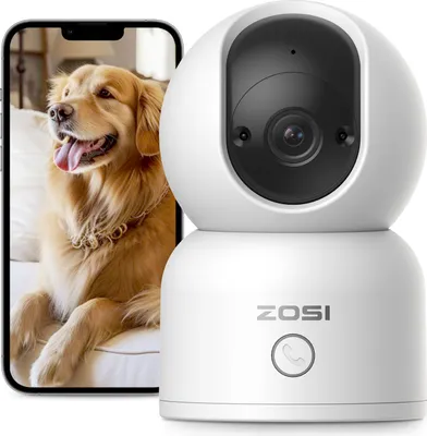 A white ZOSI security camera is shown next to a smartphone displaying a golden retriever.