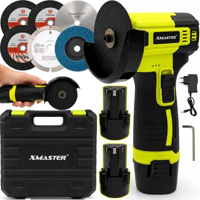 Obrázek produktu pro XMaster Mini úhlová bruska, 19 500 otáček za minutu, 12V, akumulátorová, s 2x 2000mAh baterií, 6 brusnými kotouči a kufrem