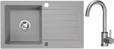 Produktbild von VBChome Granitspüle 76 x 44 cm Grau mit Armatur Einzelbecken Einbauspüle Reversibel Gesprenkelt Pflegeleichtes Spülbecken mit Siphon