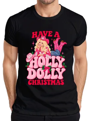 Immagine prodotto di Maglietta da uomo, colore nero, taglia L, con la scritta "Have A Holly Dolly Christmas" e l'immagine di una cowgirl country in stile Dolly Parton, in rosa