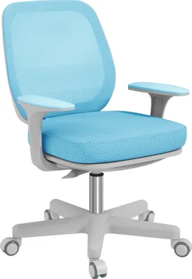 A blue and gray ergonomic office chair with five wheels is shown against a white background.