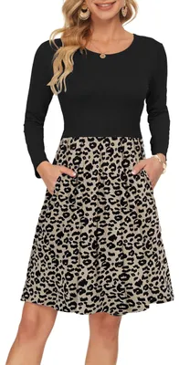 Produktbild von AUSELILY Langarm Knielang Plissee Kleid Taschen Leopard Schwarz L