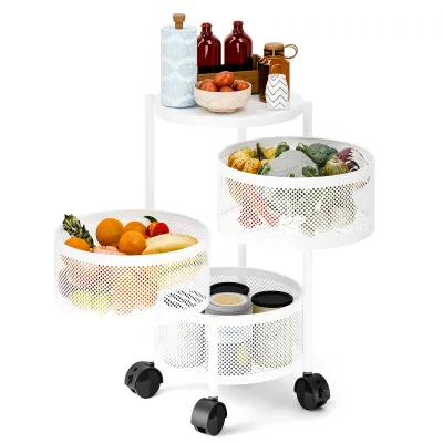 Produktbild von 3/4/5 stufiger kreisförmiger drehbarer Korb, großes Aufbewahrungsregal mit Rädern, Obst und Gemüse Metalldrahtregal mit Deckel (weiß)-Dreifachlage