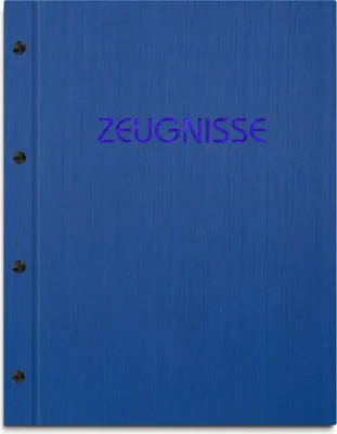 Produktbild von Zeugnismappe im blauen Einband in Leinenoptik, mit hochwertigem Prägedruck in blau – handgefertigte Mappe für Zeugnisse inkl. 12 Sichthüllen