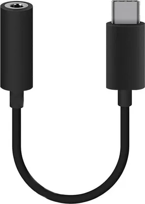 A black USB-C to 3.5mm audio adapter cable is shown against a white background.
