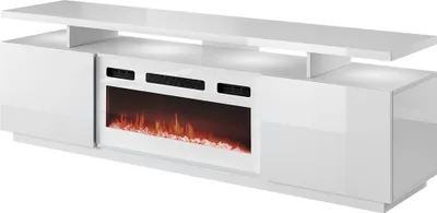 Produktbild von MIRJAN24 TV-Lowboard Eva mit Kamin, RTV-Schrank vom Hersteller, TV-Möbel, Stilvoll Wohnzimmer (Weiß / Weiß Hochglanz, mit Kamin Weiss, mit LED Beleuchtung)