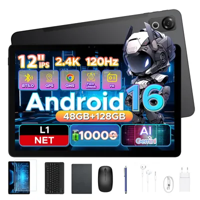 Obrázek produktu pro POCKAM P12: Tablet s operačním systémem Android, 16 palců, 48 GB RAM (8 + 40 GB), 128 GB interní paměti (rozšiřitelné o 2 TB pomocí karty TF), 12palcový tablet s dotykovým perem, klávesnicí a myší, 90 Hz, baterie 8800 mAh, technologie Gemini AI, podpora Widevine L1