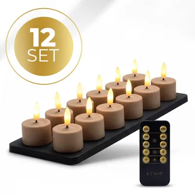 Produktbild von KENN® GlowPro™ Wiederaufladbare LED-Teelichter – 12er-Set – Karamell – Bis zu 350 Stunden Leuchtdauer – Mit Fernbedienung – Magnetische Ladestation