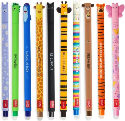A collection of ten colorful gel pens with animal-themed designs and inspirational text, arranged in a row against a white background.