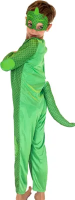 PJ Masks Kostüm Gekko für Kinder seitlich von Hinten mit grünem Schwanz am Rücken