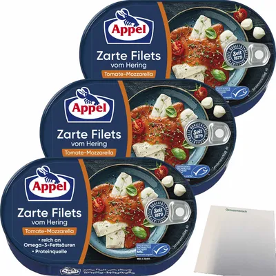 Produktbild von Appel Zarte Filets vom Hering Tomate-Mozarella 3er Pack (3x200g Dose) + usy Block