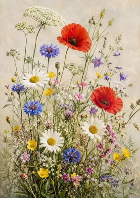 Produktbild von Botanisches Poster DIN A2 – Wiesenblumen Wandbild mit Mohn, Margeriten & Kornblumen, matt