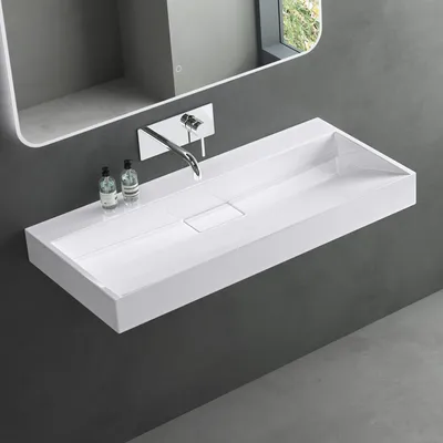 Produktbild von Mai & Mai Waschbecken Aufsatzwaschbecken matt Weiß Hänge-Waschtisch Rechteckig ohne Armaturenloch Breite: 100cm inkl. Ablaufgarnitur Col19