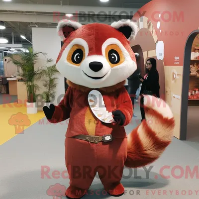 Produktbild von Braunes REDBROKOLY Roter Panda Maskottchen Kostüm Charakter bekleidet mit einem Hosenrock und Haarnadeln