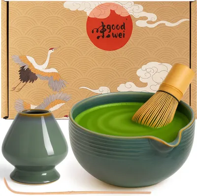 Produktbild von Matcha Set "Menouseki Spout" mit Schale mit Ausgießer, Besen & Halter – edles Set aus Keramik für cremigen Matcha und stilvolle Teezeremonie