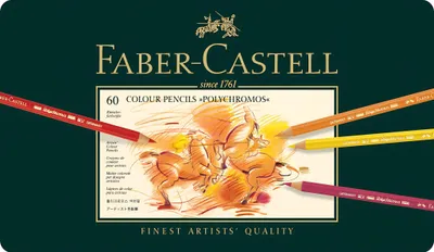 A Faber-Castell Polychromos colored pencil set packaging with pencils shown.