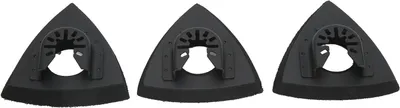 Three black triangular oscillating multi-tool sanding pads are shown against a white background.