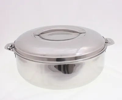 A stainless steel food carrier with a lid and handles, shown against a white background.
