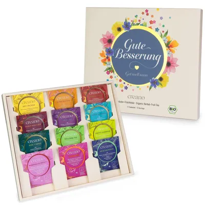 Produktbild von Creano  Kräutertee Geschenkset - Gute Besserung - 12x -Teebeutel 24g* | 12 Sorten Kräutertee & Früchtee, Geschenk für Frauen, Teeliebhaber, ORGANIC HERBAL TEA