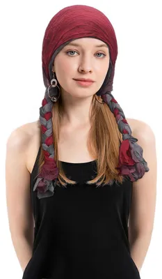 Zdjęcie produktu dla Czapka damska typu "turban" do chemioterapii, w kolorach bordowym i szarym, wykonana w 100% z poliestru