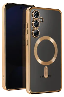 A smartphone case with a gold border and a transparent back showing a magnetic ring and the Samsung logo.