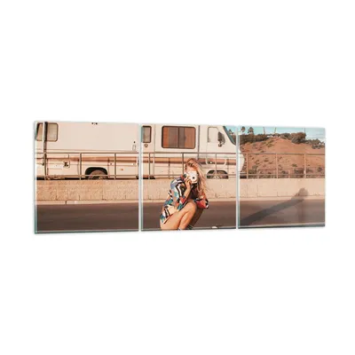 Produktbild von Bilder auf glas - 3 Teile - Reise Frau Rollschuhe - 90x30cm - Glasbilder - Wandbilder - Bilder - zum Aufhängen bereit - Wanddekoration aus Glas - Glas Bilder - Wandbild auf Glas - GCA90x30-5079