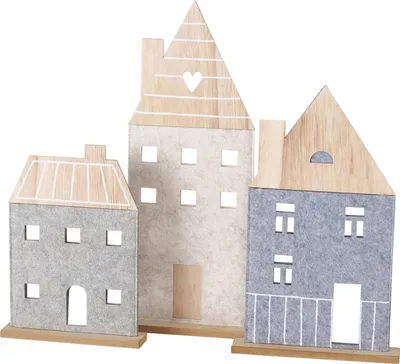 Produktbild von 3tlg Set Deko-Aufsteller Nordy Häuser Filz Holz H29-53cm Küche Esszimmer Weihnachten
