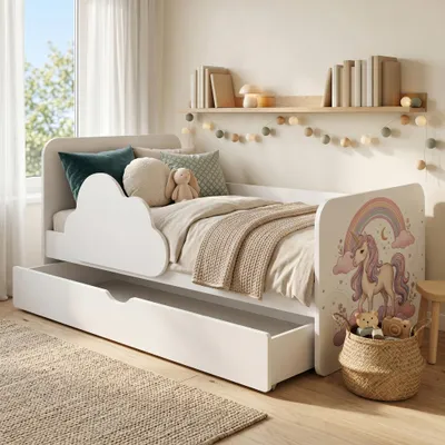 Produktbild von Spielbett & Juniorbett 160x80cm Weiß | Inklusive Matratze und Stauraum | Sicheres Kleinkindbett Wolke, Einhorn, für ein Mädchen